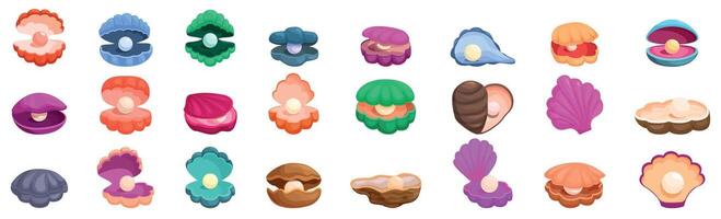 Seashells pearls icons set. Collection of colorful opened and closed pearl oysters showing pearls vector