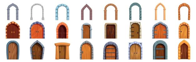 Stone arch icons set. Set of medieval doors and arches showing different styles and materials vector