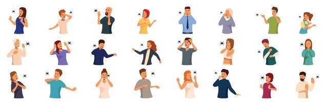 Arachnophobia icons set. People with different appearance having arachnophobia, set of isolated cartoon characters vector