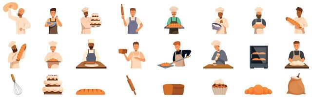 Man baking icons set. Bakers making bread and cakes using professional equipment set vector