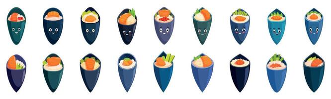 Japanese temaki sushi icons set. Set of cute temaki sushi cones with funny faces showing different emotions vector