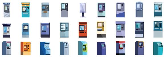 Subway ticket machine icons set. Collection of modern payment terminals showing different designs and interfaces vector