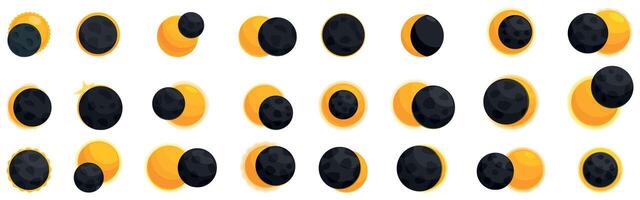 Solar eclipse icons set. Solar eclipse phases with moon covering sun icons set cartoon style vector