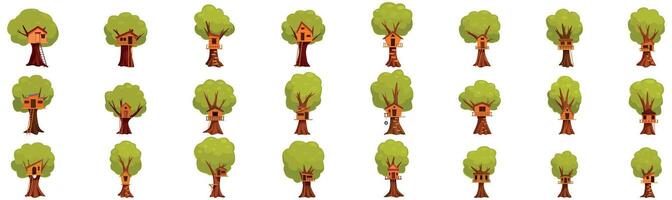 Treehouse icons set. Collection of tree houses for playing kids is standing on white background vector