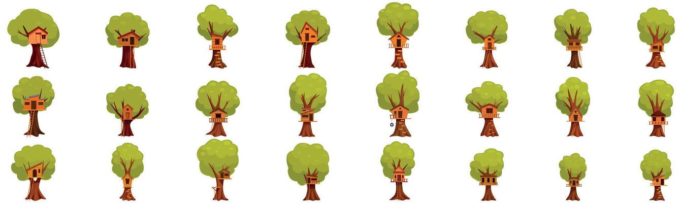 Treehouse icons set. Collection of tree houses for playing kids is standing on white background