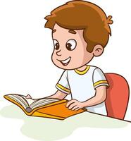 Child reading, dreaming. A Child sitting at the table reading a book. illustration. Flat design. vector