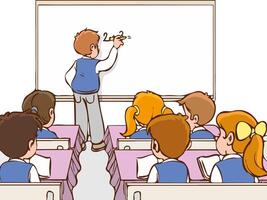 Cute little boy student write on blackboard math equation in front of class with chalk vector