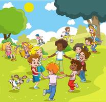 Group of kids playing on playground spending time in games, having fun, fooling around. Children playing in the park. Playground with kids. Summer activities. School yard with kids. summer camp vector