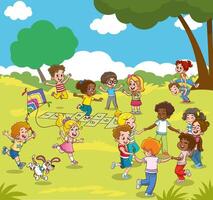 Group of kids playing on playground spending time in games, having fun, fooling around. Children playing in the park. Playground with kids. Summer activities. School yard with kids. summer camp vector