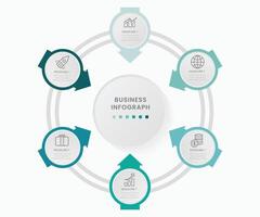 Circular diagram with 6 round elements placed around center. Concept of six stages of cyclic business process. Minimal infographic design template. Modern free illustration for strategic planning vector