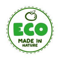 Made in Nature, eco green label sticker with apple label in round frame. Illustration. Isolated element for food, farm, fruits and vegetables. white background vector
