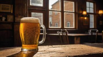A pint of beer on a table in an old pub. photo