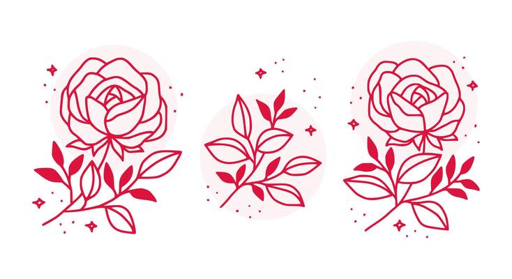 Feminine logo design templates in trendy linear minimal style. Peony, rose flowers and botanical leaf branch. Emblem, symbols and icons for cosmetics, jewellery, beauty and handmade products