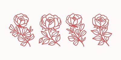 Feminine logo design templates in trendy linear minimal style. Peony, rose flowers and botanical leaf branch. Emblem, symbols and icons for cosmetics, jewellery, beauty and handmade products vector