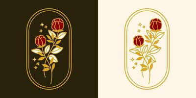 feminine logo design templates in trendy linear minimal style. Peony, rose flowers and botanical leaf branch. Emblem, symbols and icons for cosmetics, jewellery, beauty and handmade products vector