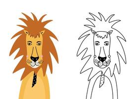 Cute lion cartoon character coloring page for children. Funny animal colored and colorless illustrations isolated on transparent background. Outline kid doodles, anti stress. vector