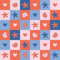 Nautical style geometric seamless pattern. Retro style Summer background. Cute checkered print with seashells and starfishes. Hand drawn flat design illustration. vector