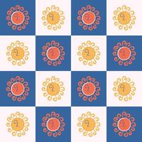 Sun seamless pattern. Boho style background with mystical Sun on checkered backdrop. Hand drawn flat design illustration. vector