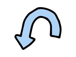 Simple hand drawn illustration of curved arrow pointing downwards, drawn in blue with a black outline, in a minimalistic style. Concept of direction, movement, navigation, indication. Design element. vector