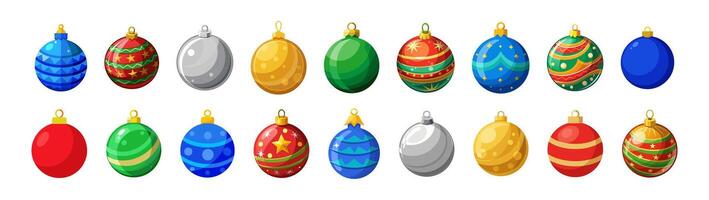 Various colorful Christmas ornaments with different designs and patterns arranged in a row. Isolated on white background, Concept of holiday decorations, festive season, ornament collection. Set vector