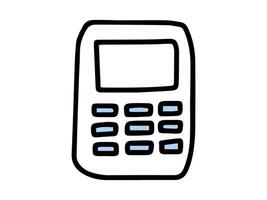 Black outline of a calculator with blue buttons isolated on a white background. Concept of school supplies, mathematics, minimalist style, and education tools. Design element. Back to School. vector