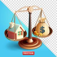 Money scales and house, 3d . Suitable for business, property and design elements vector