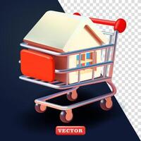 Shopping trolley containing house miniature, 3d. Suitable for business, property and design elements vector