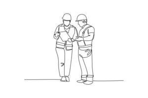 two construction workers discussing. Labor Day vector