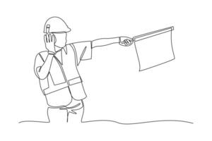 continues line one line art labor day workers wearing helmets directing flags vector