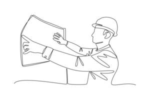 construction worker spreads paper. Labor Day vector