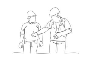 continues line one line art labor day two men talking about a building project vector