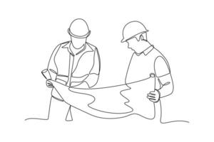 two construction workers spread out paper. Labor Day vector