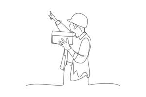 continues line one line art head of construction wearing a helmet pointing vector