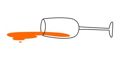 Hand drawn cute cartoon illustration fallen wineglass with spilled wine. Flat alcohol splash doodle style. Alcoholism or heavy drinking. System network error icon. Not found mistake. Isolated. vector