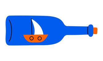 Hand drawn cute cartoon illustration of ship in bottle. Flat boat model miniature in doodle style with outline. Souvenir or keepsake icon or print. Memory gift. Travel flashback. Isolated. vector