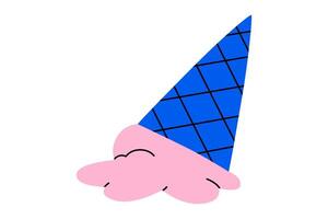 Hand drawn cute cartoon illustration fallen ice cream with waffle cone. Flat drop cold sweet dessert in doodle style. System network error icon. Not found mistake. Repair code service. Isolated vector