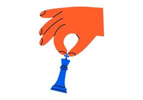 Hand drawn cute cartoon illustration of hand with king. Flat chess figure in arm doodle style. High ambitions. Strategy or intelligence icon. Tactic thinking. Board game. Isolated. vector