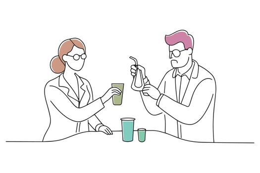 Two individuals collaborating in a laboratory setting Hand drawn offset fill with doodle illustration vector