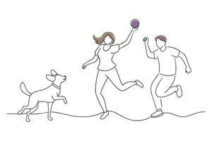 Happy family playing fetch with their dog in the backyard Hand drawn offset fill with doodle illustration. vector