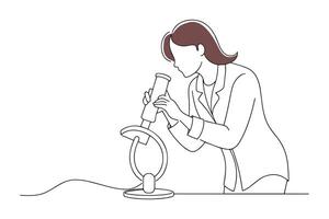 Female scientist in lab coat examining specimen under microscope Hand drawn offset fill with doodle illustration. vector