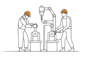 Workers operating machinery in a factory Hand drawn offset fill with doodle illustration vector