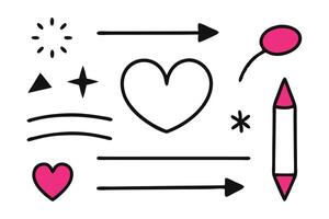 Line shape marker underline, arrow, heart brush element set. Doodle related colorful icon set flat illustration on white background vector