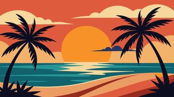 Sunset over a tropical beach, palm trees swaying in the gentle breeze flat illustration vector