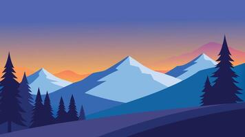 A nighttime mountain landscape with tall trees and towering mountains in the background flat illustration vector