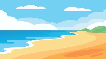 Tranquil beach scene with a sandy shore, calm ocean waves, and a sunny sky flat illustration vector