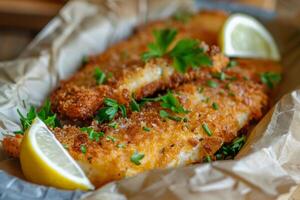 Crispy breaded fish fillet with lemon and parsley photo
