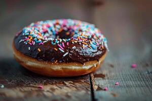 Delicious chocolate donut with sprinkles resting on rustic wooden surface photo