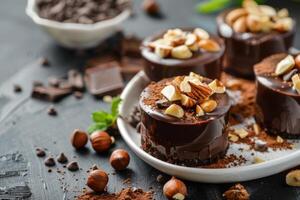 Chocolate mousse mini cakes topped with hazelnuts pecans and cocoa powder photo