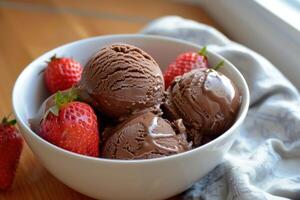 Chocolate ice cream scoops melting in a bowl and topped with strawberries photo