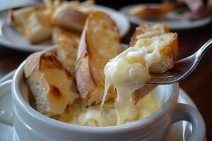 Fork dipping bread in melted cheese fondue with more bread in background photo